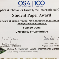 Yuanbo Deng won OSA best student paper award (2016.12.16)
