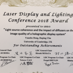 Dr Yuanbo Deng received Outstanding Achievement Award at the Laser Display and Lighting Conference 2018 (2018.05.24)
