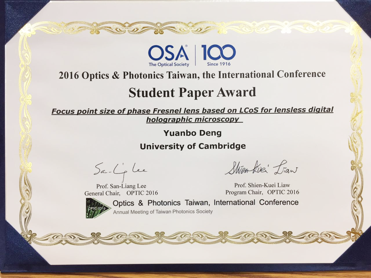 Yuanbo Deng won OSA best student paper award (2016.12.16)